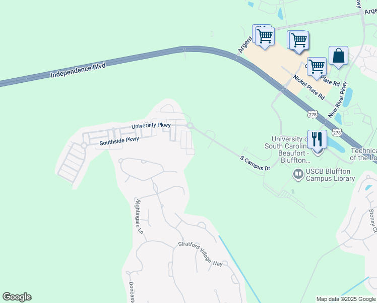 map of restaurants, bars, coffee shops, grocery stores, and more near 347 Campus Lane in Bluffton