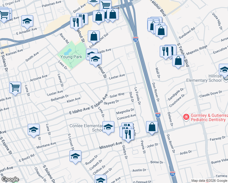 map of restaurants, bars, coffee shops, grocery stores, and more near 2324 East Idaho Avenue in Las Cruces