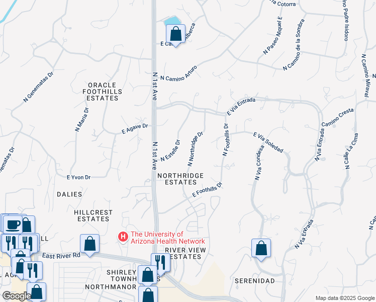 map of restaurants, bars, coffee shops, grocery stores, and more near 5345 North Northridge Drive in Tucson
