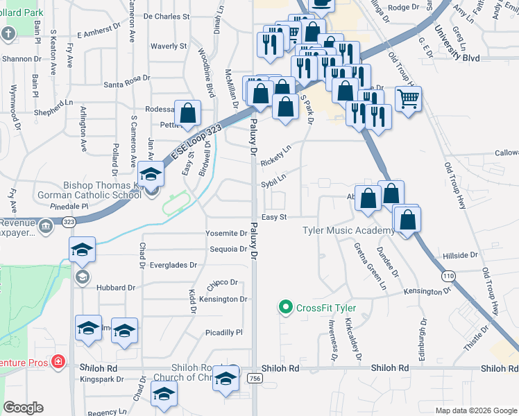 map of restaurants, bars, coffee shops, grocery stores, and more near 4217 Park Place in Tyler