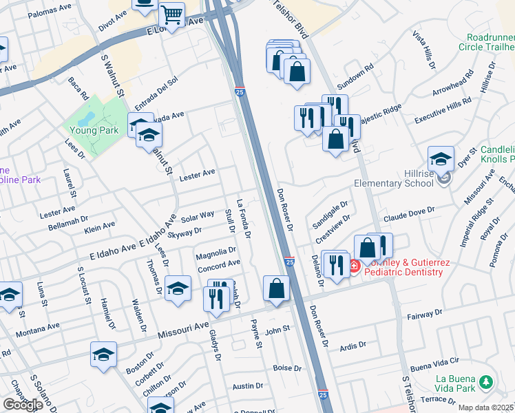 map of restaurants, bars, coffee shops, grocery stores, and more near 2472 La Fonda Circle in Las Cruces