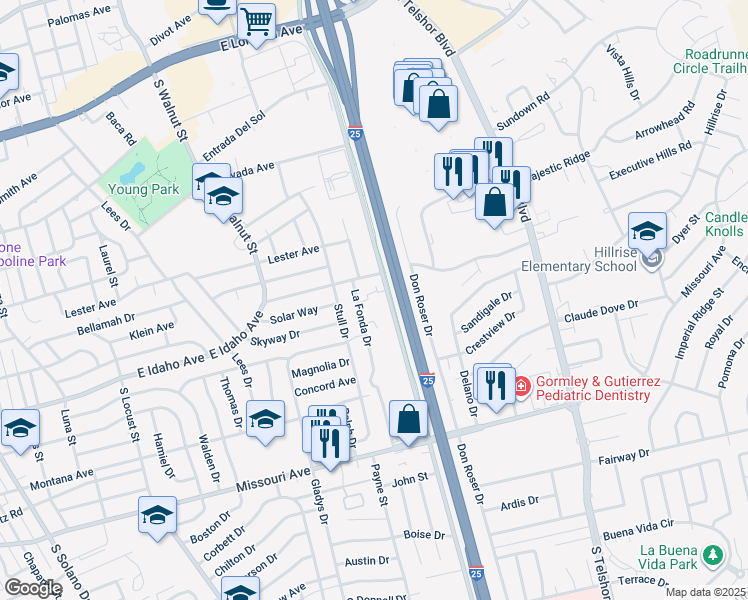 map of restaurants, bars, coffee shops, grocery stores, and more near 1217D La Fonda Drive in Las Cruces