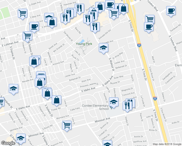 map of restaurants, bars, coffee shops, grocery stores, and more near 1969 Bellamah Drive in Las Cruces
