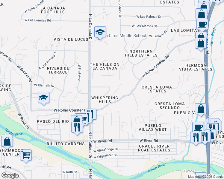 map of restaurants, bars, coffee shops, grocery stores, and more near 1261 West Whispering Hills Drive in Tucson