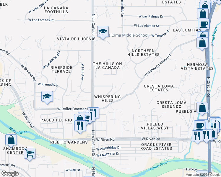 map of restaurants, bars, coffee shops, grocery stores, and more near 1261 West Whispering Hills Drive in Tucson