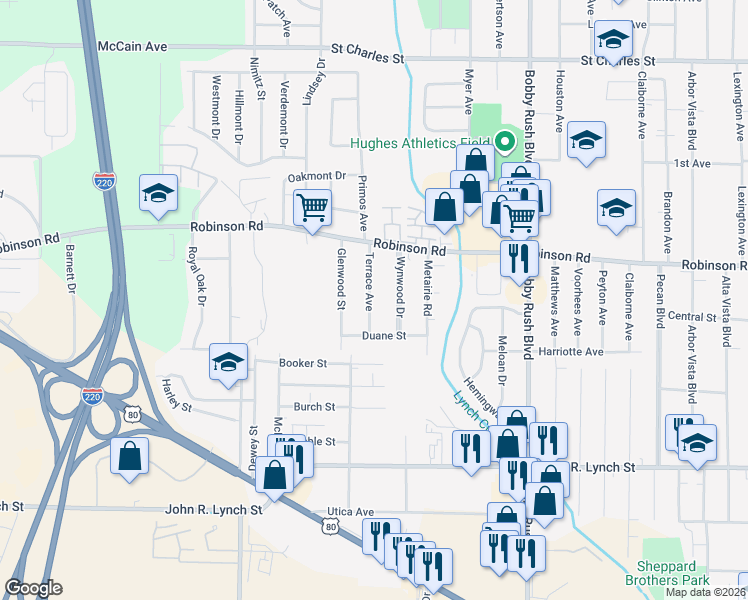 map of restaurants, bars, coffee shops, grocery stores, and more near 1004 Terrace Avenue in Jackson