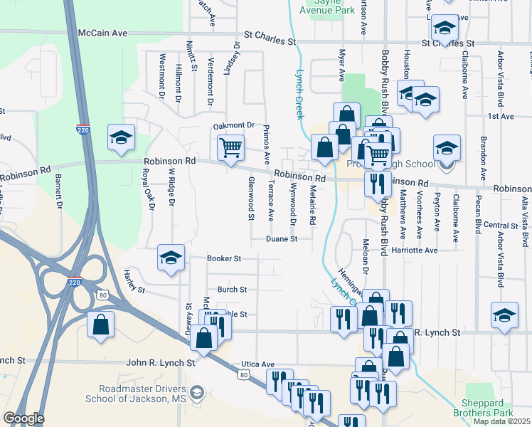 map of restaurants, bars, coffee shops, grocery stores, and more near 1004 Glenwood Street in Jackson