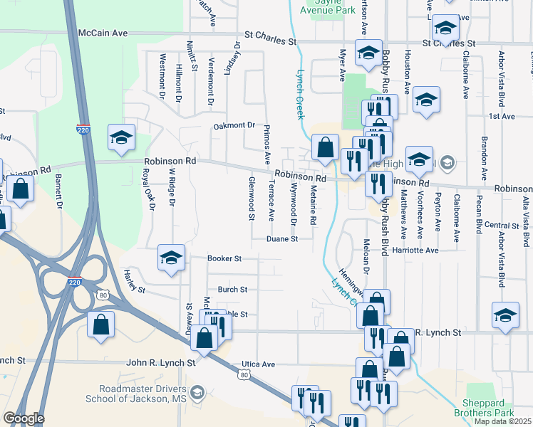 map of restaurants, bars, coffee shops, grocery stores, and more near 1004 Glenwood Street in Jackson
