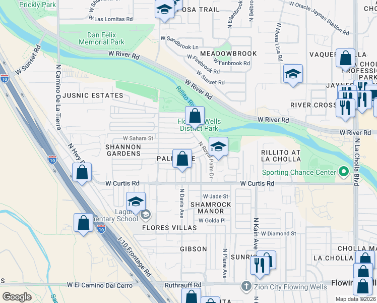 map of restaurants, bars, coffee shops, grocery stores, and more near 2802 West Carnauba Street in Tucson