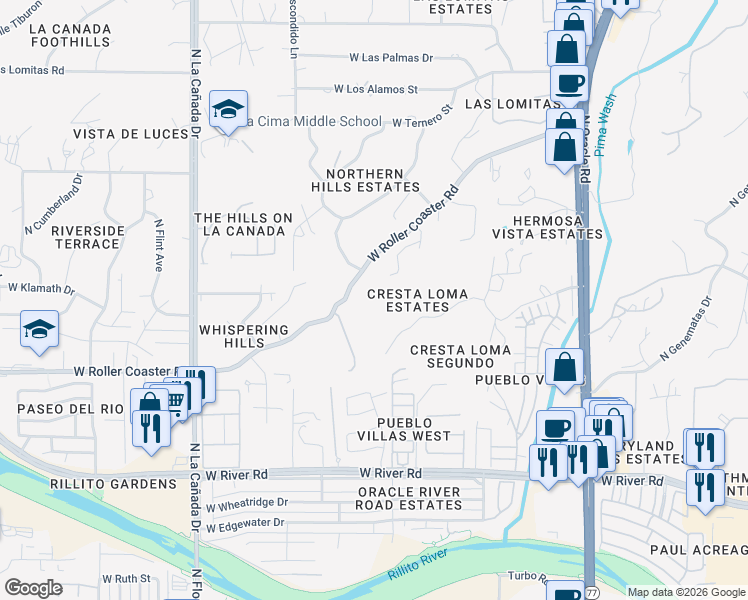 map of restaurants, bars, coffee shops, grocery stores, and more near 1041 West Roller Coaster Road in Tucson