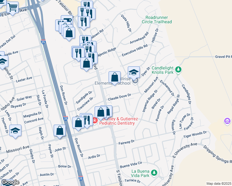 map of restaurants, bars, coffee shops, grocery stores, and more near 2935 Claude Dove Drive in Las Cruces