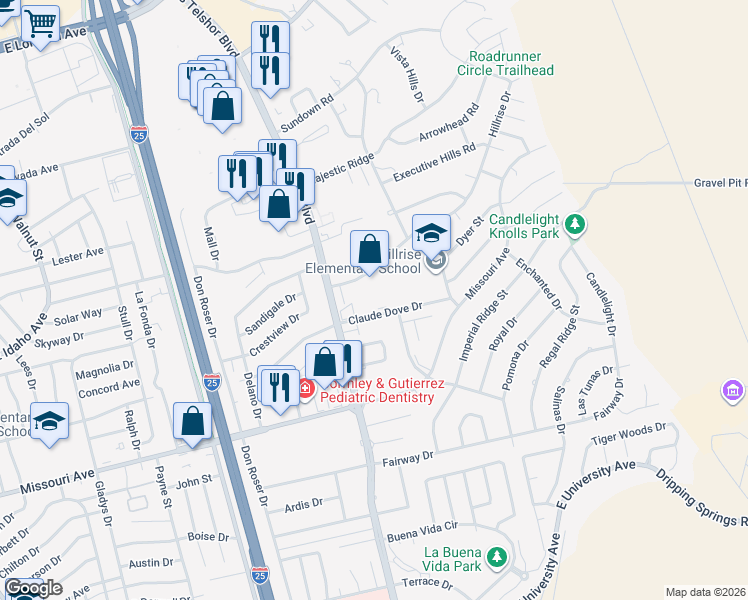 map of restaurants, bars, coffee shops, grocery stores, and more near 2935 Claude Dove Drive in Las Cruces