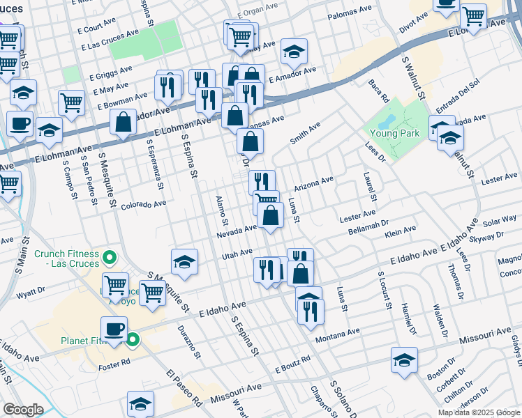 map of restaurants, bars, coffee shops, grocery stores, and more near 1250-1298 Arizona Avenue in Las Cruces