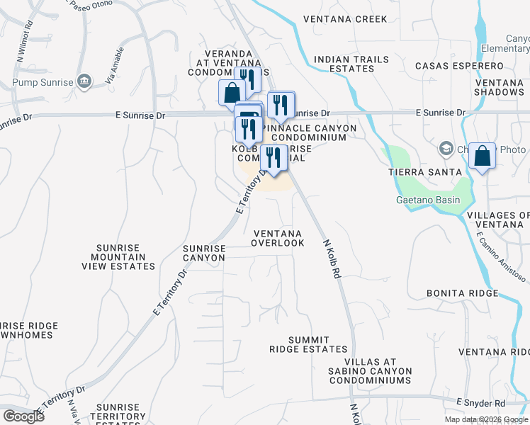 map of restaurants, bars, coffee shops, grocery stores, and more near 5360 North Strada De Rubino in Tucson
