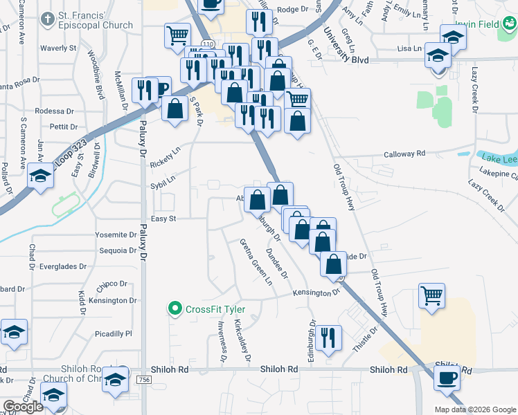 map of restaurants, bars, coffee shops, grocery stores, and more near 2325 Aberdeen Drive in Tyler