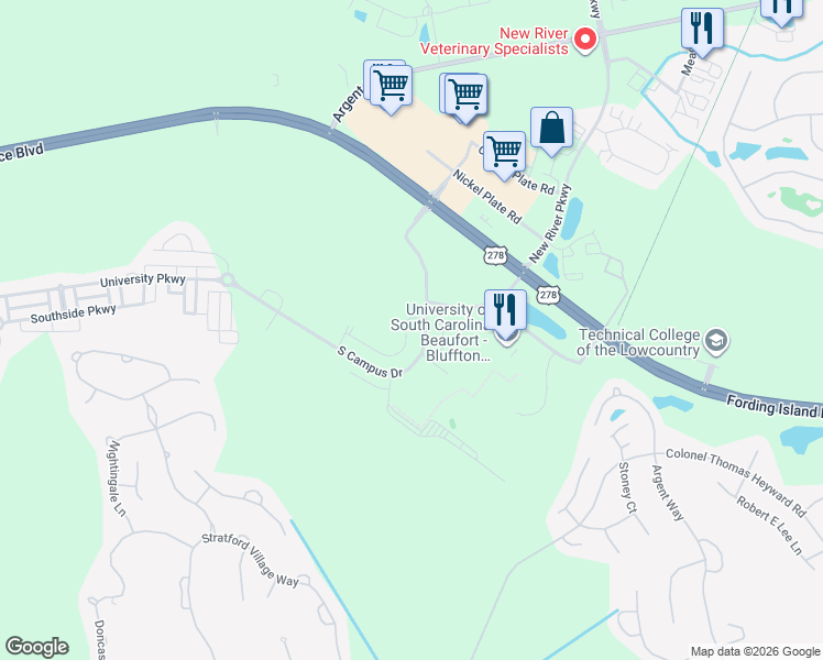 map of restaurants, bars, coffee shops, grocery stores, and more near 115 Auditorium Road in Bluffton