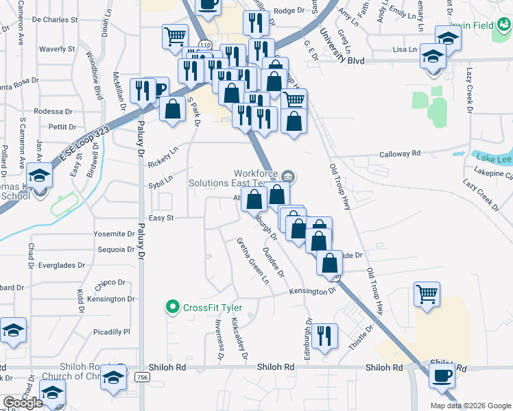 map of restaurants, bars, coffee shops, grocery stores, and more near 4208 Edinburgh Drive in Tyler