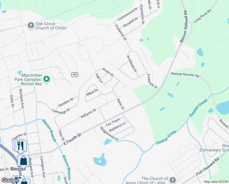 map of restaurants, bars, coffee shops, grocery stores, and more near 806 Rahn Street in Rincon