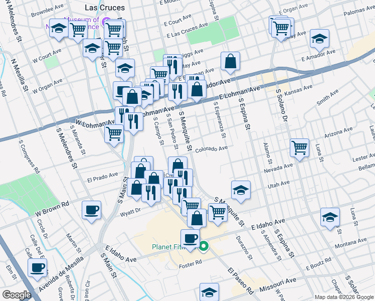 map of restaurants, bars, coffee shops, grocery stores, and more near 475 Colorado Avenue in Las Cruces