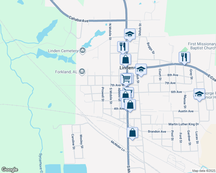 map of restaurants, bars, coffee shops, grocery stores, and more near 302 South Mobile Street in Linden