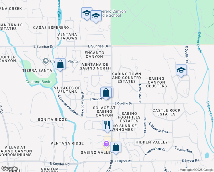 map of restaurants, bars, coffee shops, grocery stores, and more near North Sabino Canyon Road in Tucson