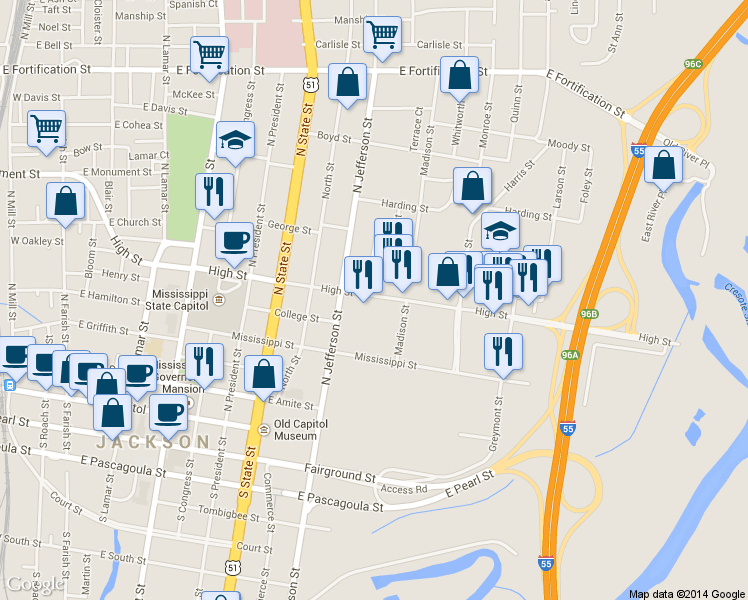 map of restaurants, bars, coffee shops, grocery stores, and more near 929 High Street in Jackson