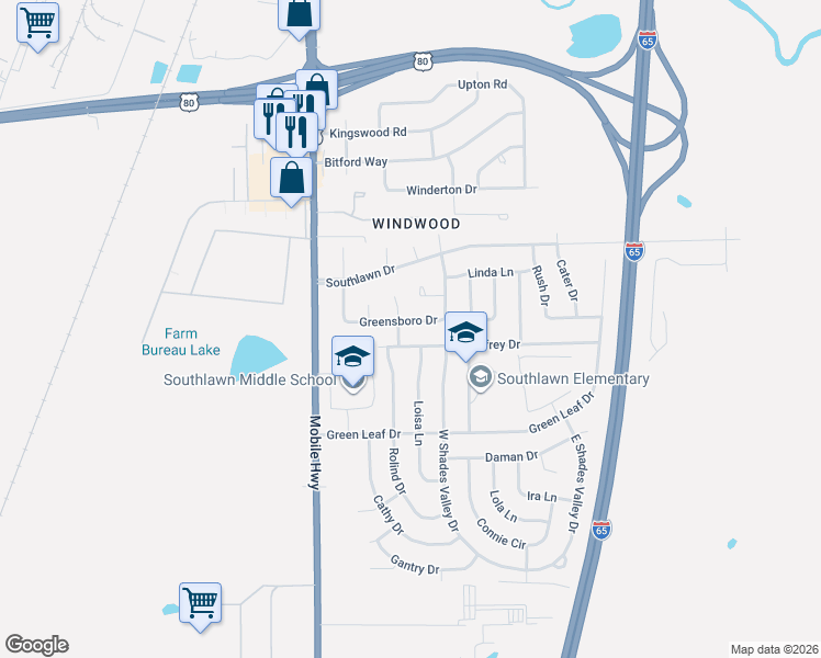 map of restaurants, bars, coffee shops, grocery stores, and more near 5206 Greensboro Drive in Montgomery