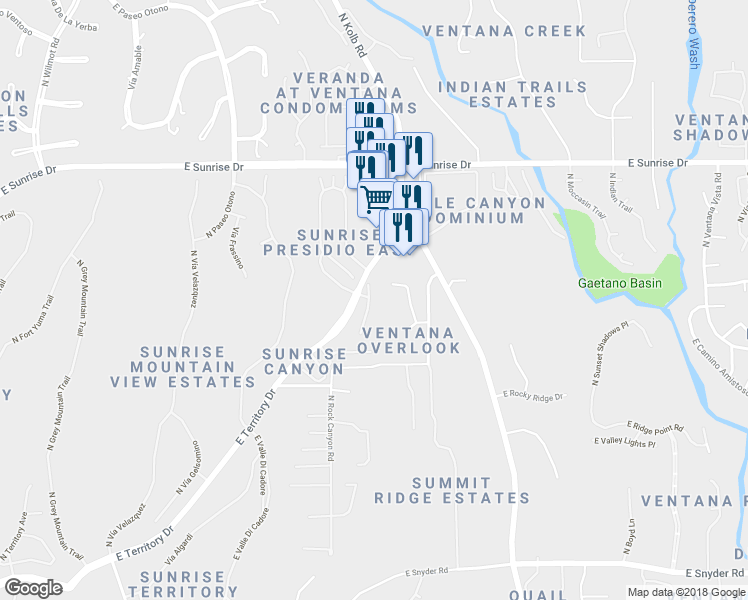 map of restaurants, bars, coffee shops, grocery stores, and more near 5360 North Strada De Rubino in Tucson