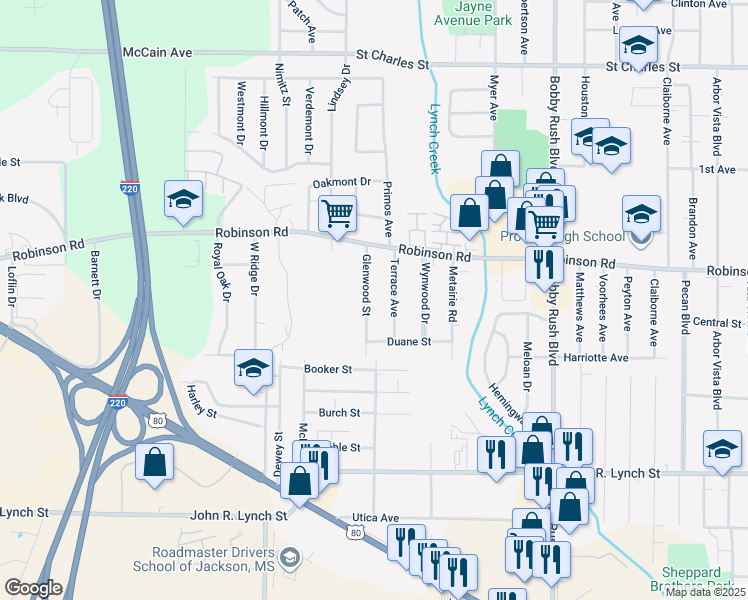 map of restaurants, bars, coffee shops, grocery stores, and more near 1004 Glenwood Street in Jackson