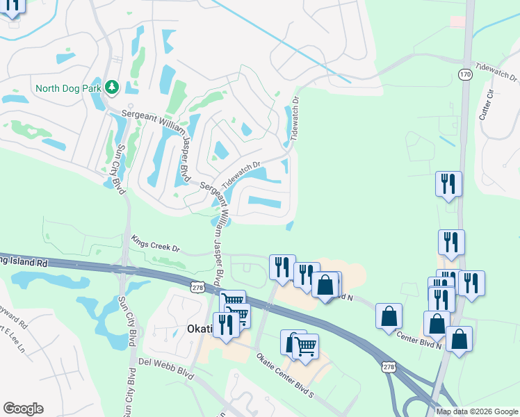 map of restaurants, bars, coffee shops, grocery stores, and more near 700 Mystic Point Drive in Bluffton