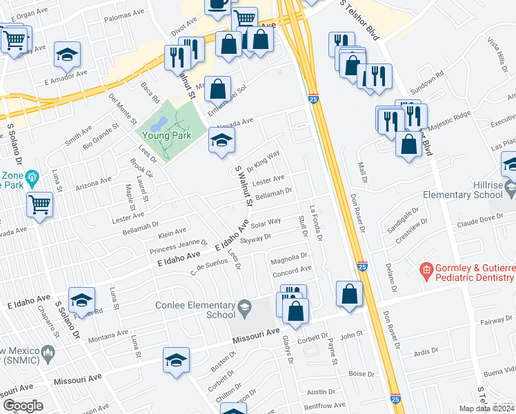 map of restaurants, bars, coffee shops, grocery stores, and more near 2317 East Idaho Avenue in Las Cruces
