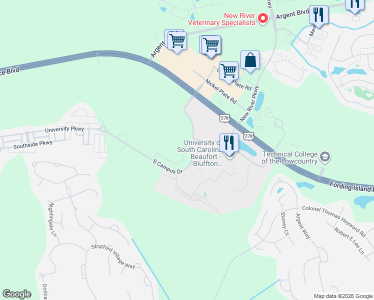 map of restaurants, bars, coffee shops, grocery stores, and more near 115 Auditorium Road in Bluffton