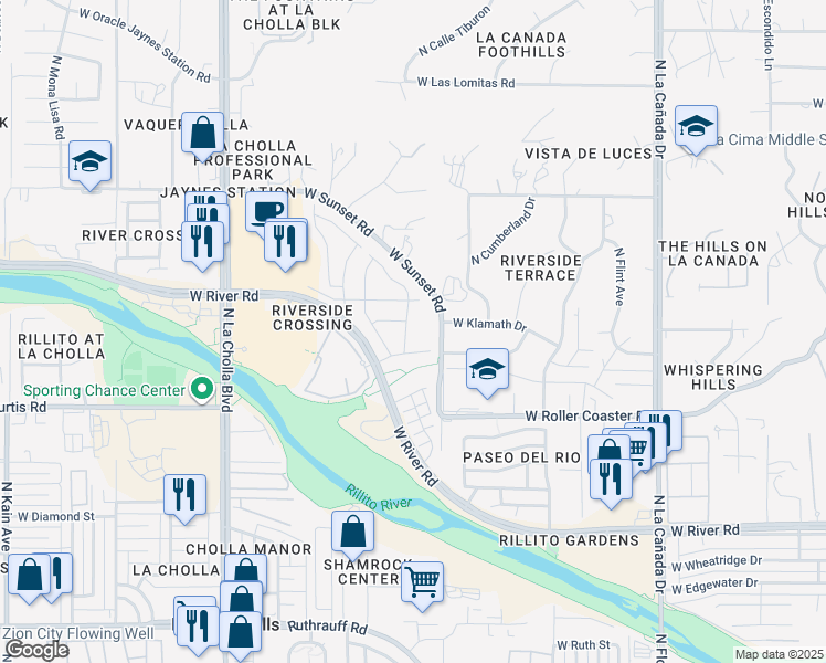 map of restaurants, bars, coffee shops, grocery stores, and more near 5338 North Mesquite Bosque Way in Tucson