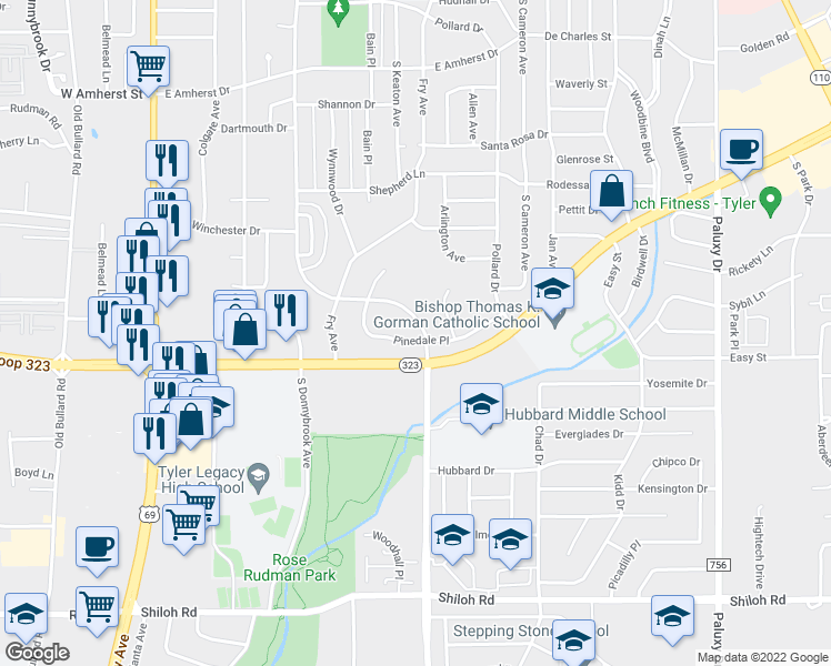 map of restaurants, bars, coffee shops, grocery stores, and more near 902 Pinedale Place in Tyler