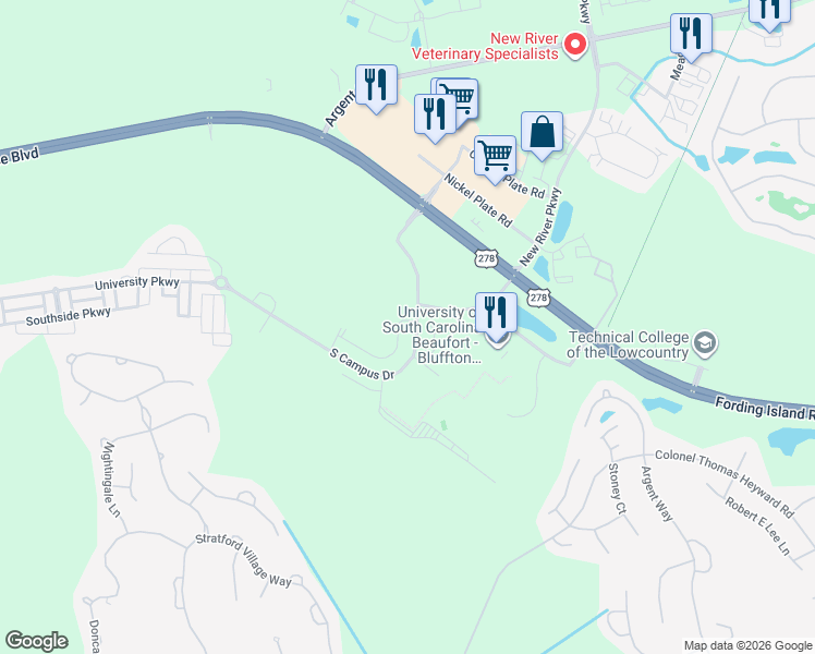 map of restaurants, bars, coffee shops, grocery stores, and more near 115 Auditorium Road in Bluffton