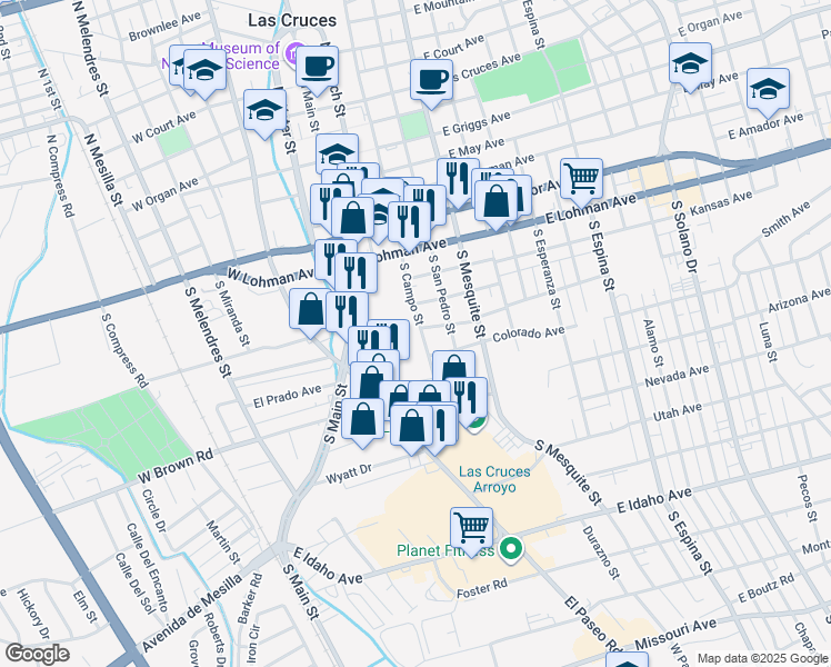 map of restaurants, bars, coffee shops, grocery stores, and more near 805 S Campo St in Las Cruces