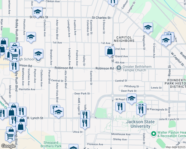 map of restaurants, bars, coffee shops, grocery stores, and more near 730 Eastview Street in Jackson