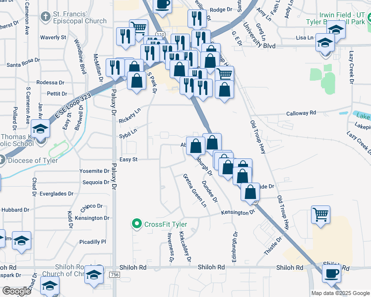 map of restaurants, bars, coffee shops, grocery stores, and more near 4210 Heather Lane in Tyler