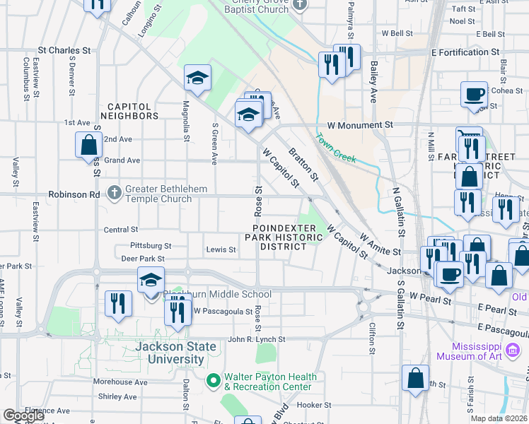 map of restaurants, bars, coffee shops, grocery stores, and more near 956 Hunt St in Jackson