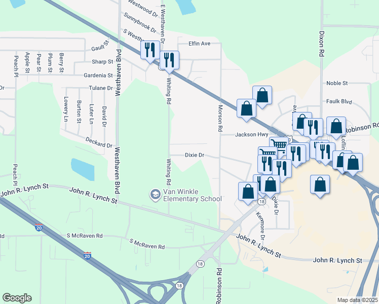 map of restaurants, bars, coffee shops, grocery stores, and more near 4626 Dixie Drive in Jackson