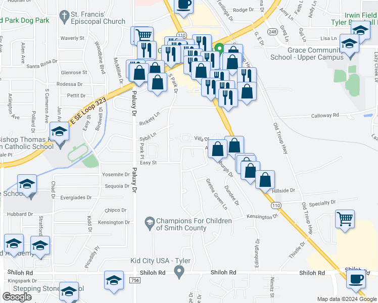 map of restaurants, bars, coffee shops, grocery stores, and more near 2201 Tweed Court in Tyler