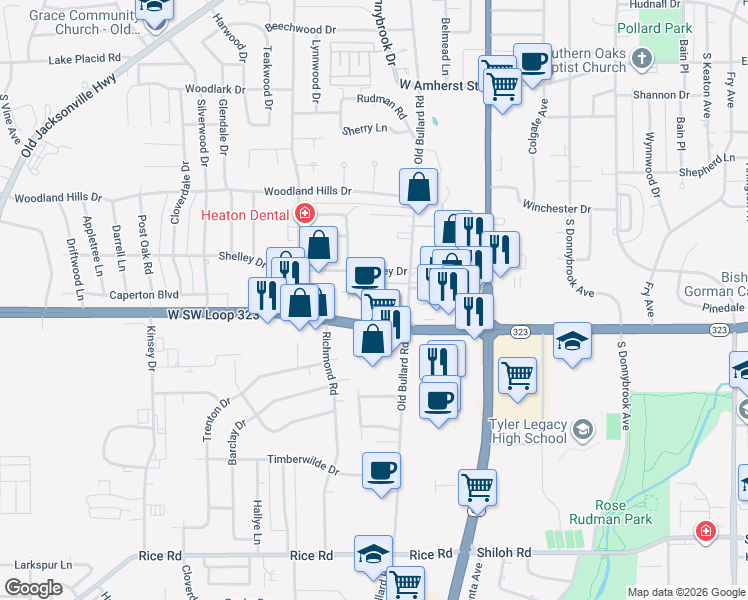 map of restaurants, bars, coffee shops, grocery stores, and more near 552 Towne Oaks Drive in Tyler