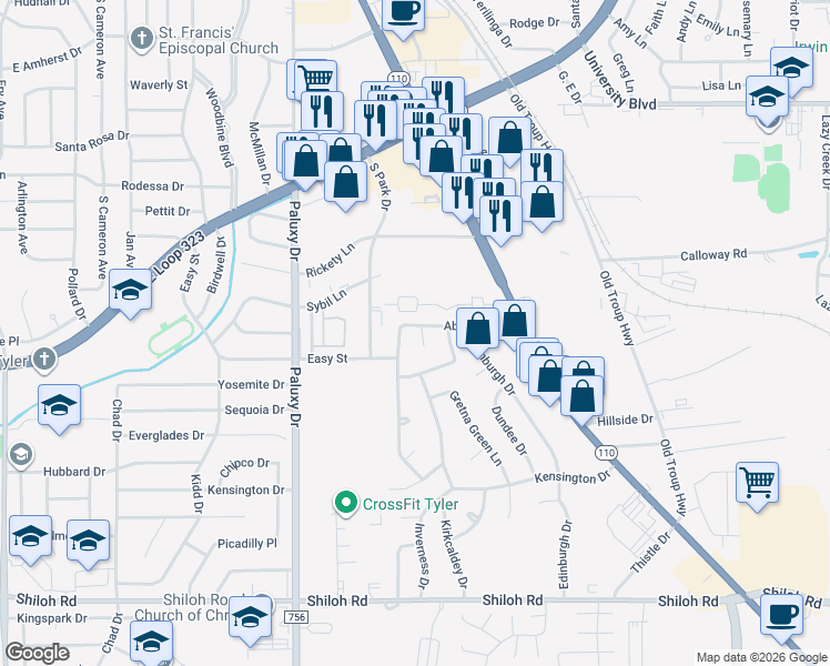 map of restaurants, bars, coffee shops, grocery stores, and more near 2201 Tweed Court in Tyler