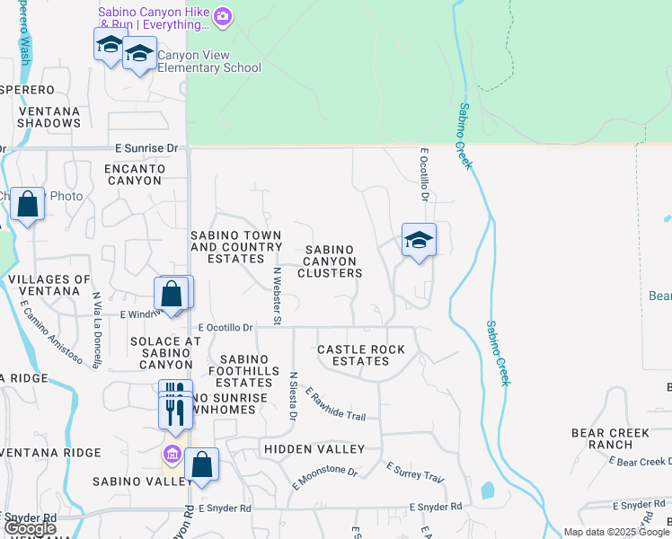 map of restaurants, bars, coffee shops, grocery stores, and more near 5211 North Sabino Drive in Tucson
