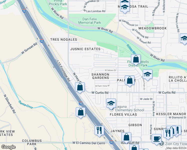map of restaurants, bars, coffee shops, grocery stores, and more near 5333 North Emerald Avenue in Tucson