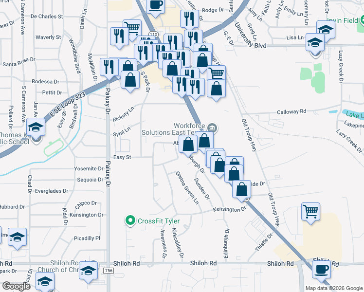 map of restaurants, bars, coffee shops, grocery stores, and more near 4201 Edinburgh Drive in Tyler