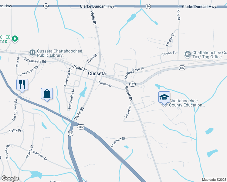 map of restaurants, bars, coffee shops, grocery stores, and more near 103 Osteen Street in Cusseta