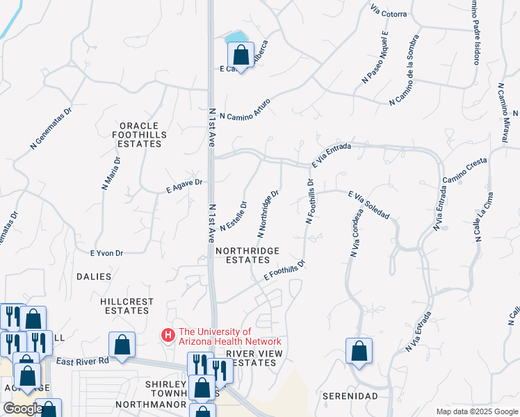 map of restaurants, bars, coffee shops, grocery stores, and more near 5345 North Northridge Drive in Tucson