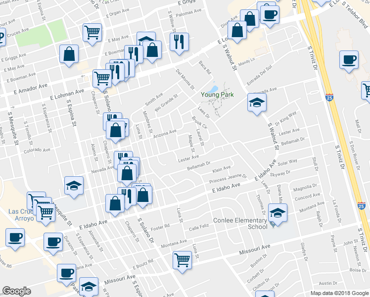map of restaurants, bars, coffee shops, grocery stores, and more near 1000 Maple Street in Las Cruces