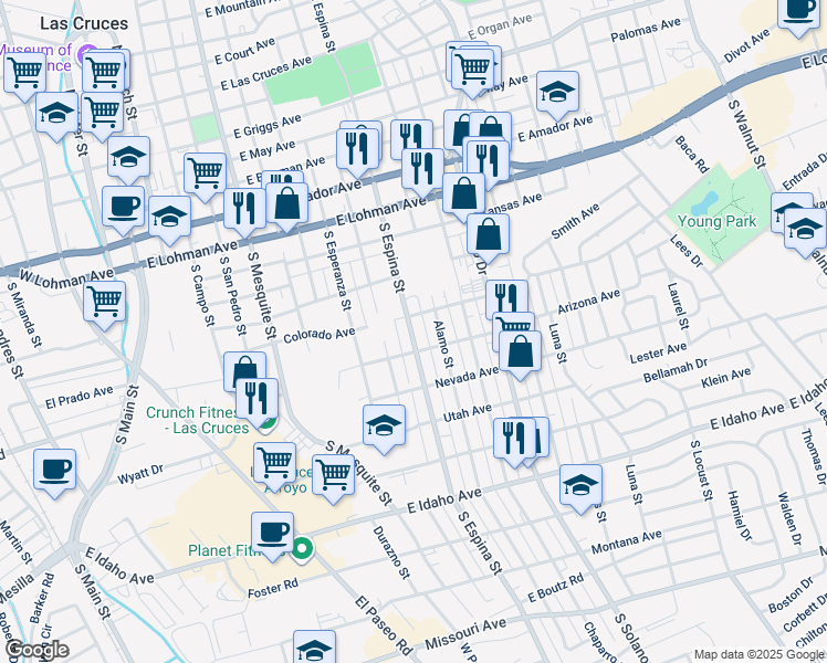 map of restaurants, bars, coffee shops, grocery stores, and more near 807 S Espina St in Las Cruces